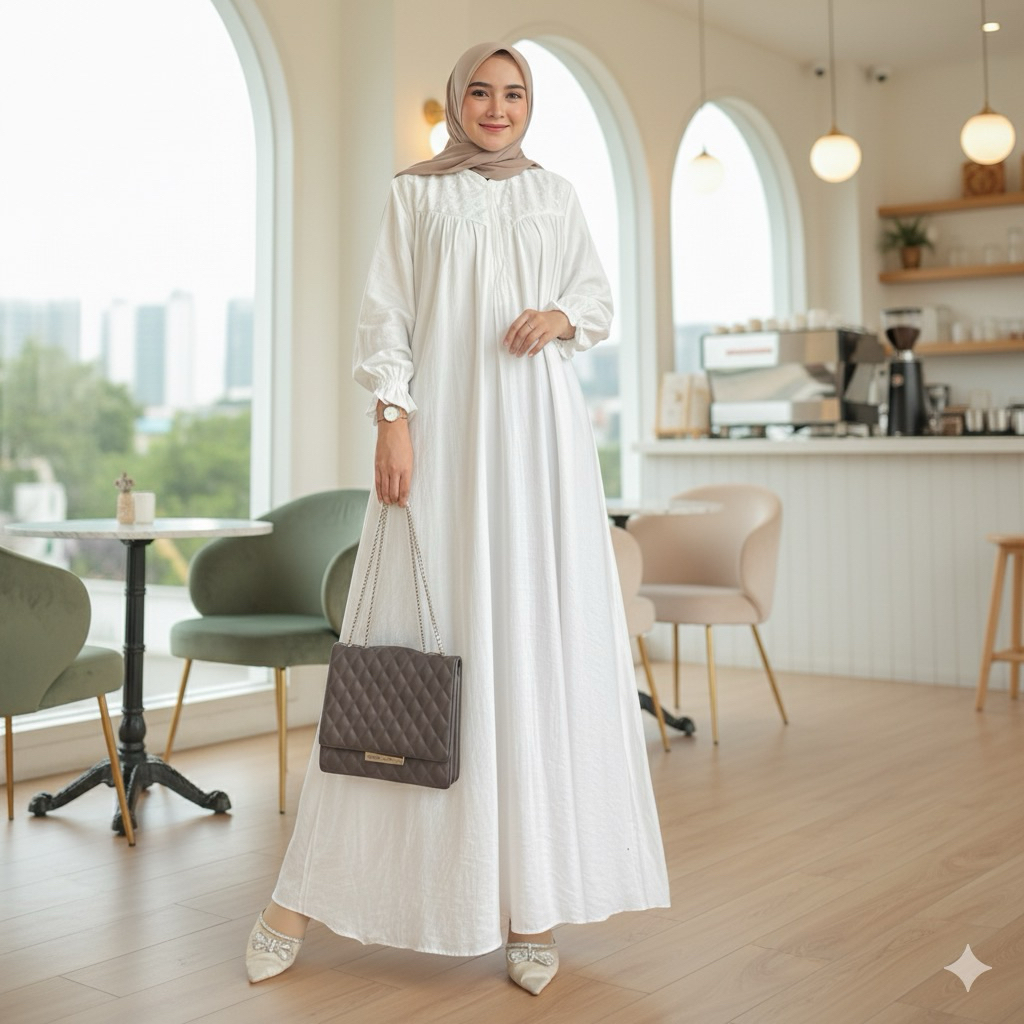 Ayana Maxi Dress – Gamis Linen Polo Premium dengan Aplikasi Tile Bordir Ori Syakira Fashion Hijab Bu