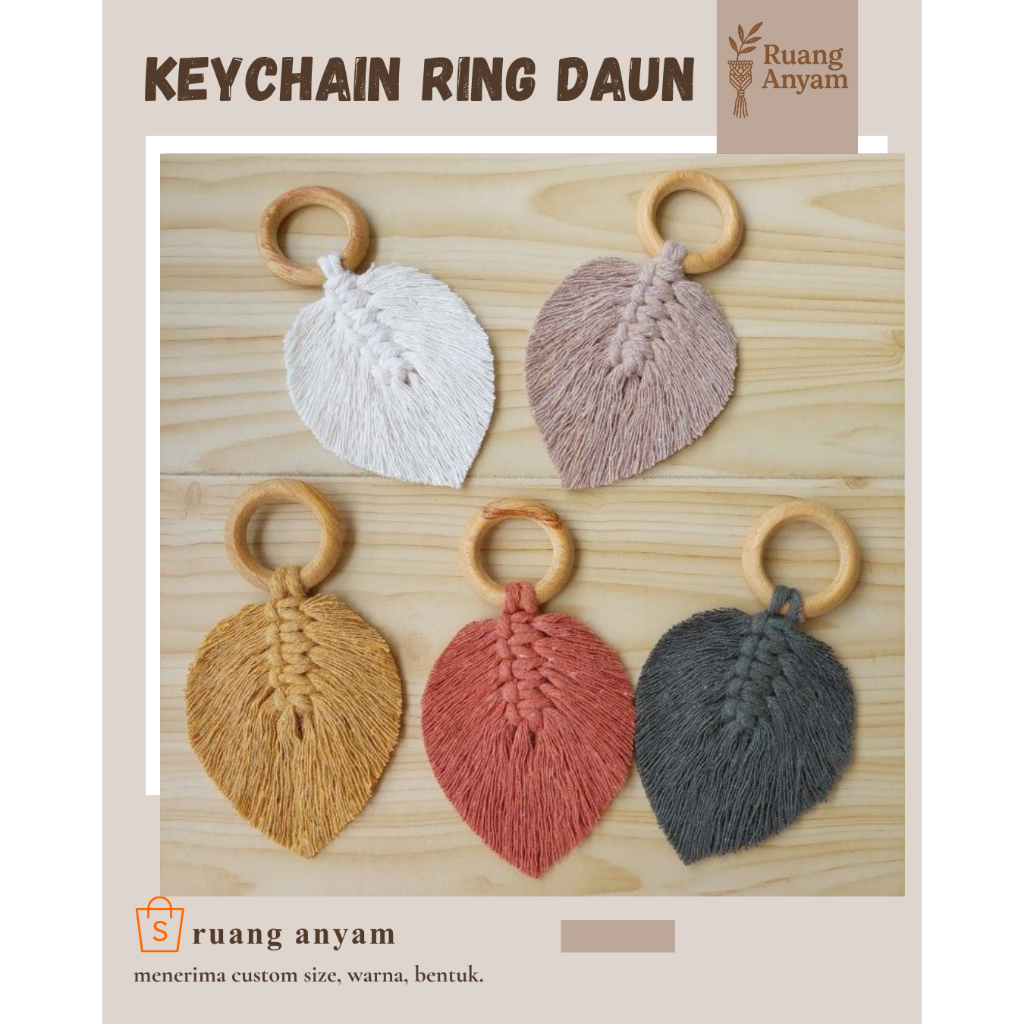 KEYCHAIN MACRAME RING KAYU/ BESI DAUN || SOUVERNIR || RUANG ANYAM