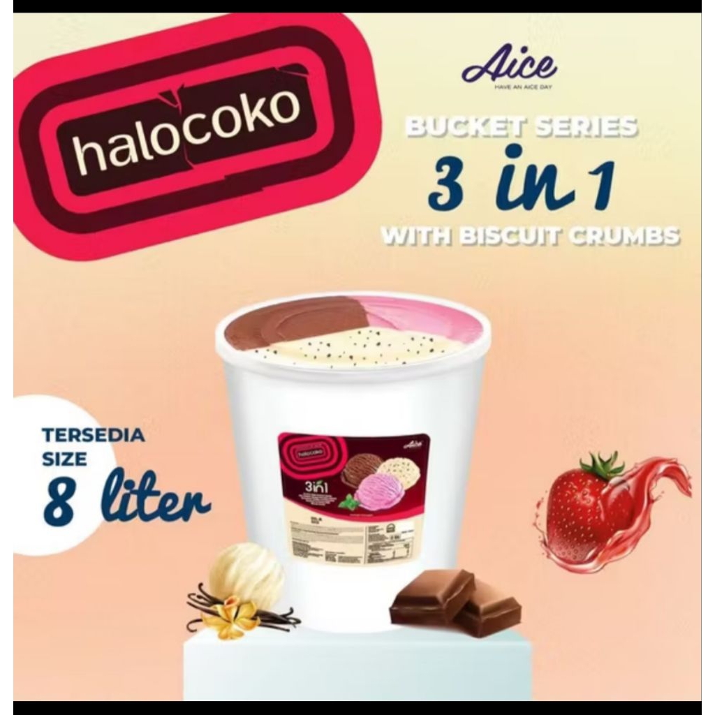 Aice Halocoko 3in1 Jakarta Utara bucket 8 liter rasa vanilla, coklat & strawberry | Es krim Ember | 