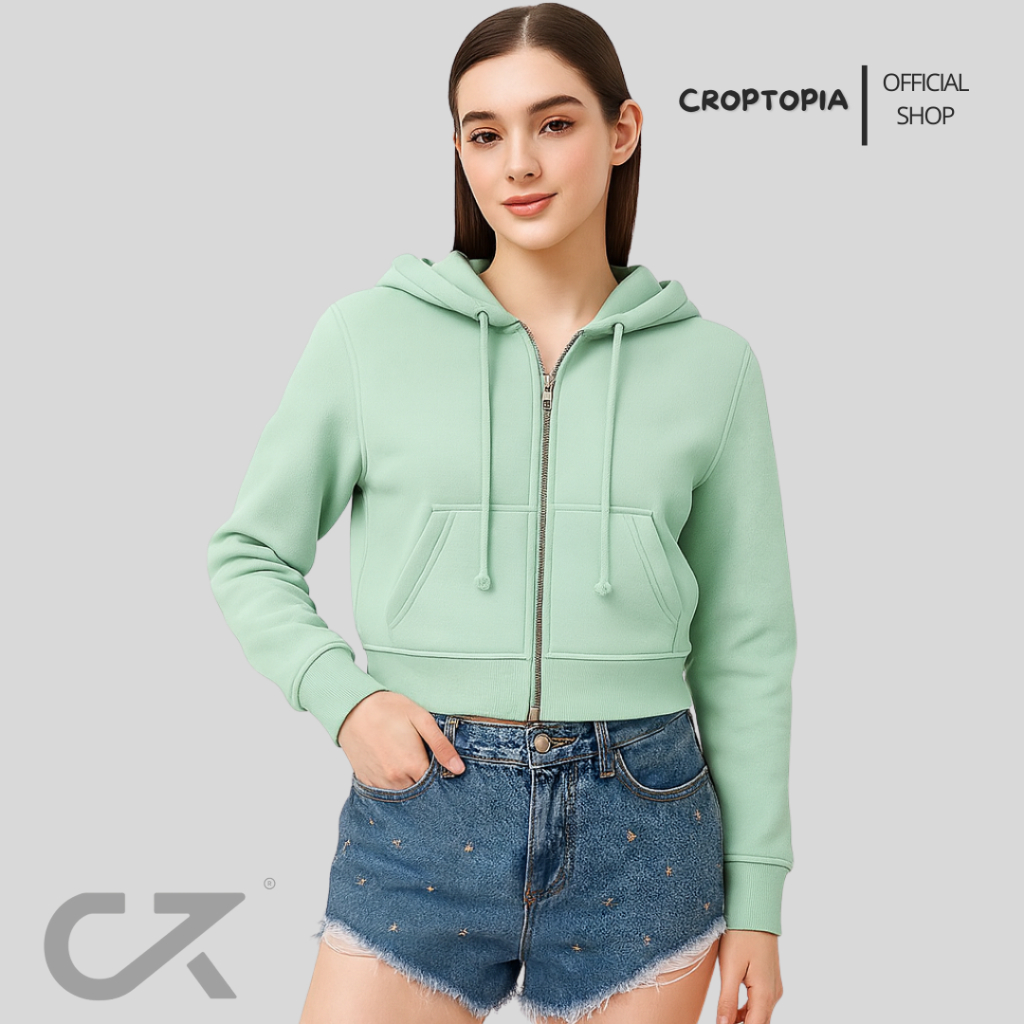 CROPTOPIA Hoodie Crop Punawangi Hijau Mint Atasan Wanita Polos