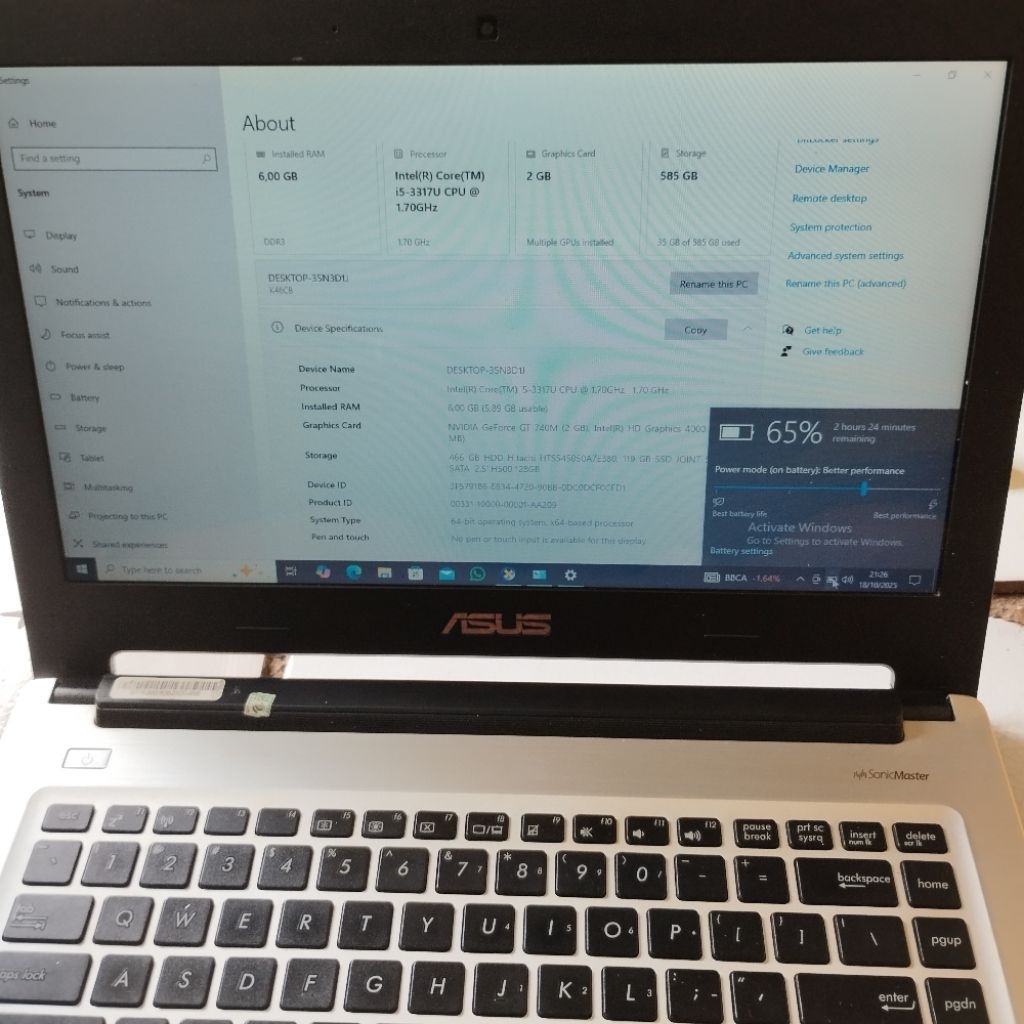 laptop gaming asus A46c core i5 ,ssd 128,hdd 500,ram 6gb,vga nvidia 2gb dedicated