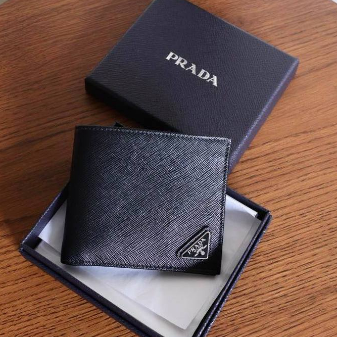Prada Triangle Logo Bifold Wallet all Cards in Black Saffiano