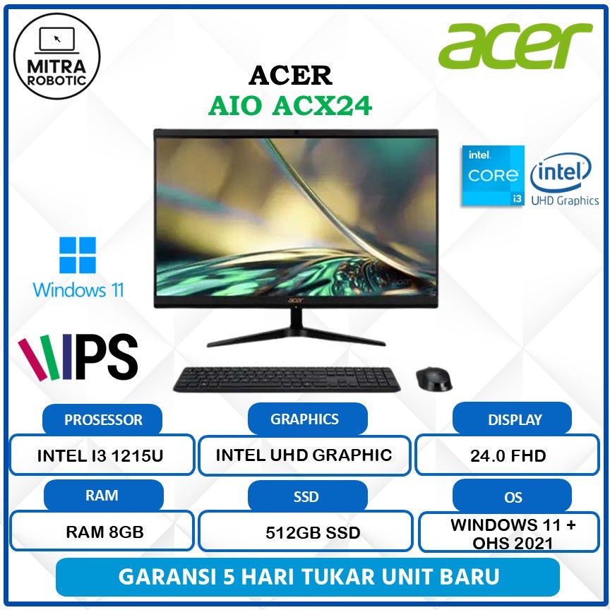 PC AIO Acer Aspire ACX24 Intel I3 1215U 8GB 512GB Intel UHD Graphic FHD Win 11 + Office 2021