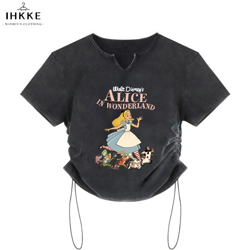 IHKKE Baju Krop Wanita | Animasi Kartun Alice in wonderland | Vintage Amerika Slimfit Crop Top Y2k T