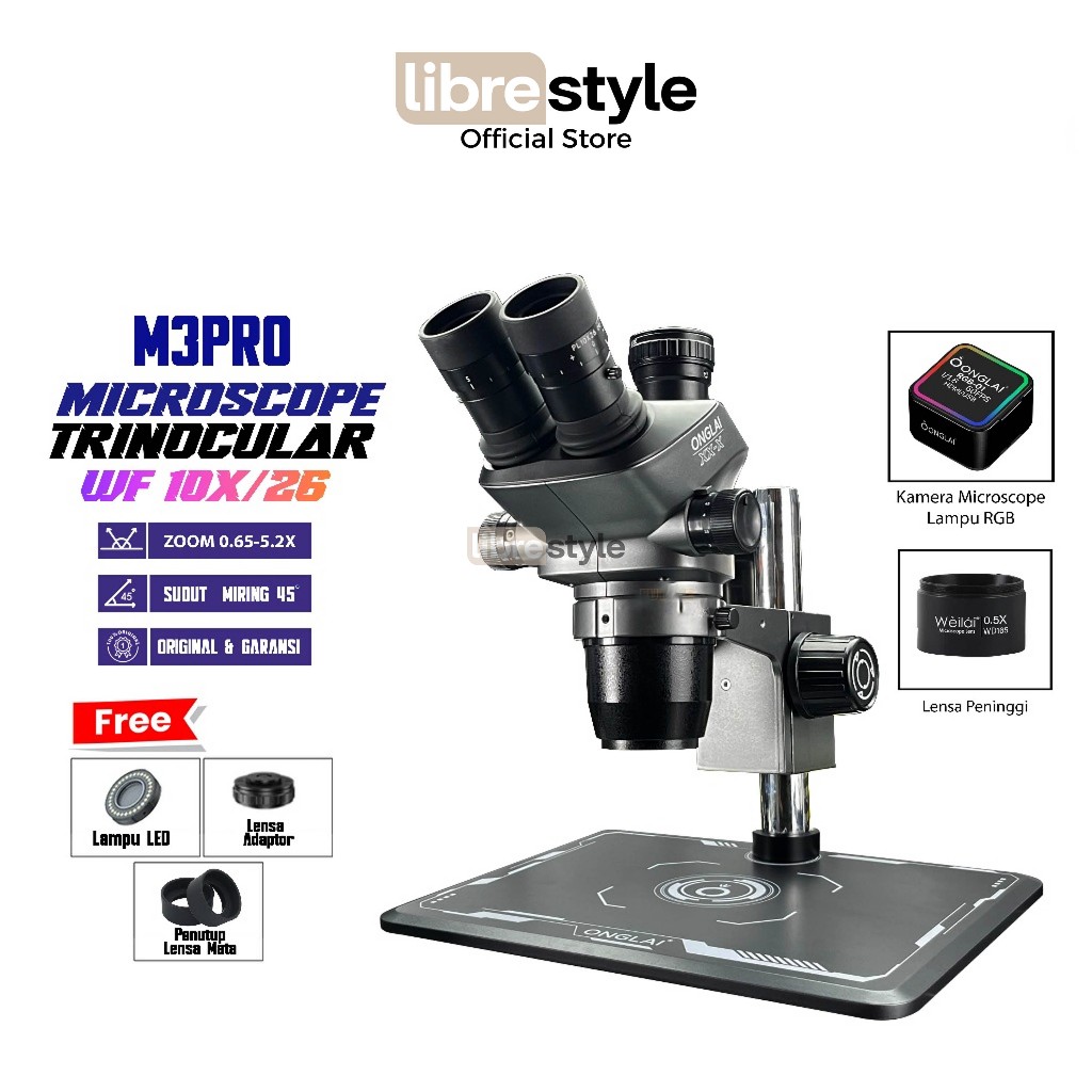 ONGLAI XX 6552X MICROSCOPE ( FREE LAMPU + CTV + KARET LENSA MATA ) ORIGINAL + MICROSCPE TRINOCULAR T