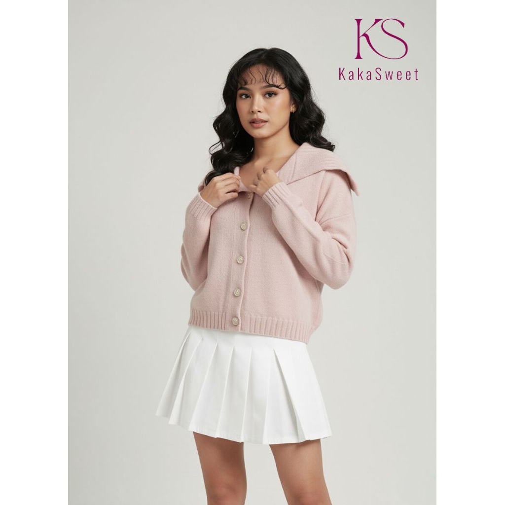 Cardigan Rajut KakaSweet Korea Style Oversize Kerah Sailor Pink Pastel