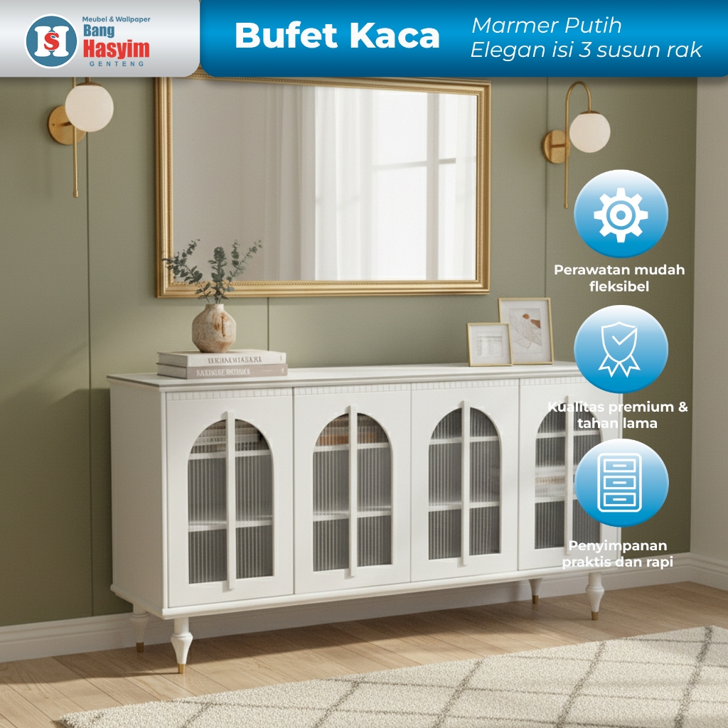 BANG HASYIM Bufet Kaca Marmer Putih Bufet 3 Laci Nakas Laci Ruang Tamu Bufet Kamar Laci Elegan