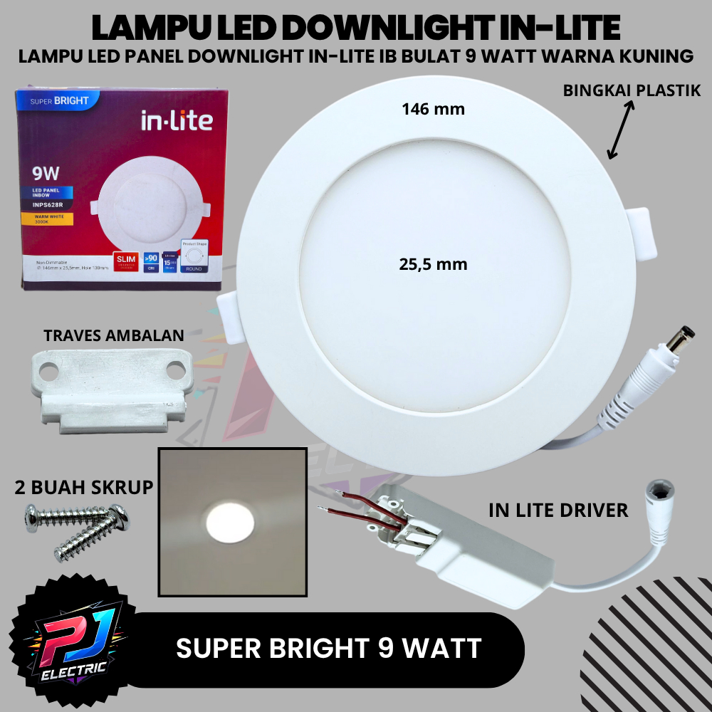 Lampu Panel LED Downlight Inbow In-Lite 9W Bulat Cahaya Kuning Terang INPS628R Round 9 WATT Kuat Awe