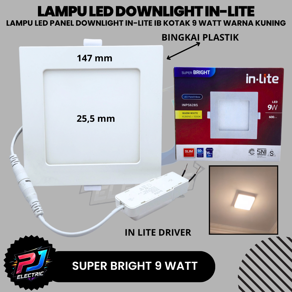 IN-LITE Lampu Panel Inbow LED Downlight 9W Kotak/Square Cahaya Kuning Hangat Terang 9 WATT In-Lite I