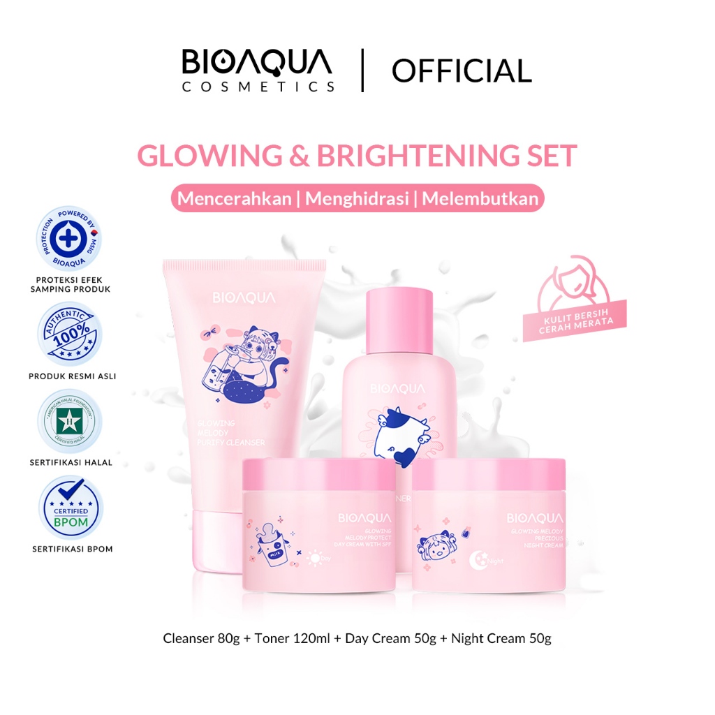 Bioaqua Cosmetics Skincare 1 Set Lengkap 4pcs Skincare Anak 12 Tahun Milk Niacinamide Glowing & Brig