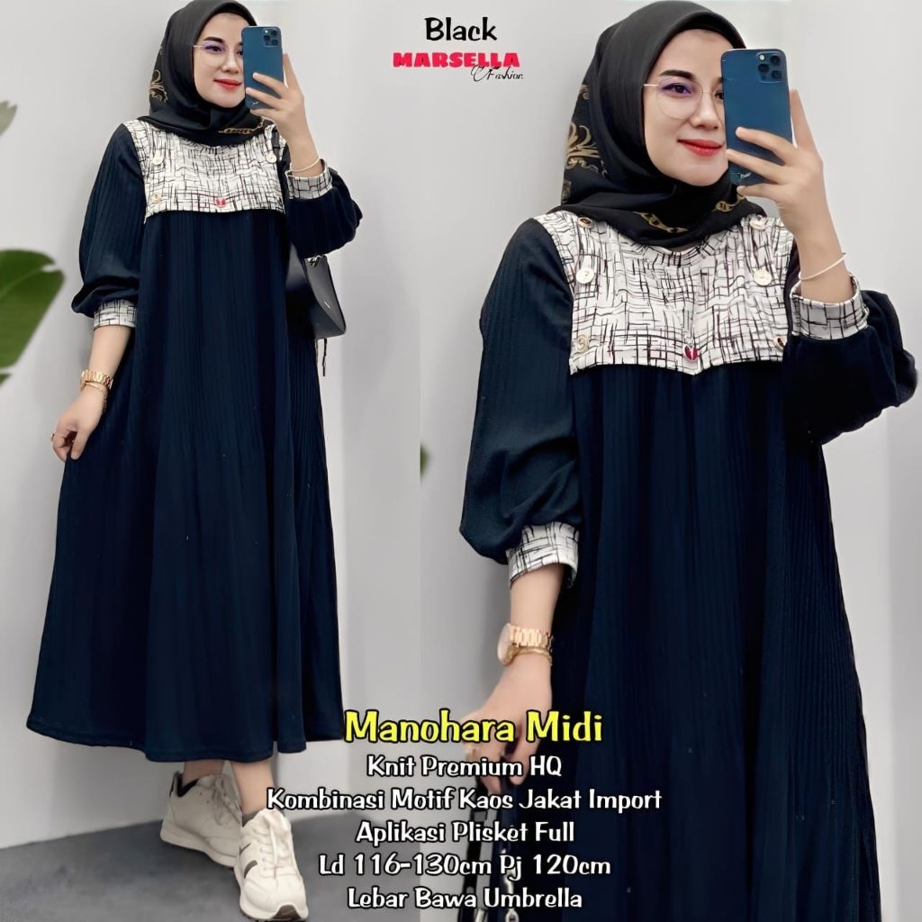 Marsella - Manohara Midi Dress Wanita • Knit Premium HQ Mix Motif Kaos Jacket import Plisket Full Um