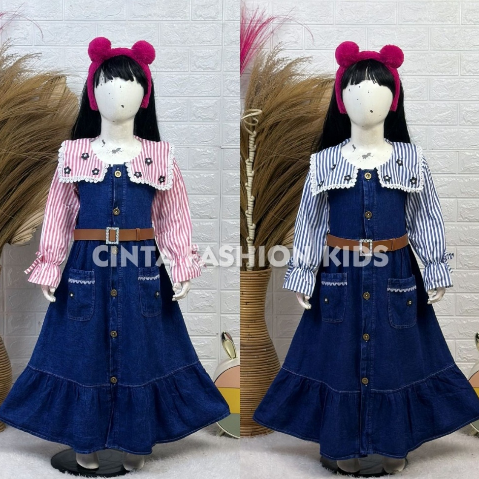CintaFashionKids Setelan Dress Jeans Anak Perempuan Laura Usia 4-10 Tahun - Gamis Jeans Salur Katun