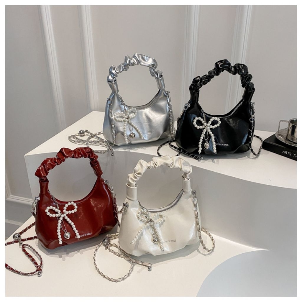 PROMO FREE CHAIN + STRAP SILVER PLEATED SHOULDER BAG  Tas Bahu Tas Slempang Tas Kulit Korean Style T