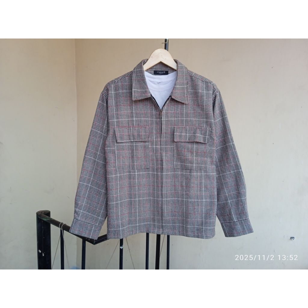 Work Jacket Zipper Double Pocket Plaid Tartan