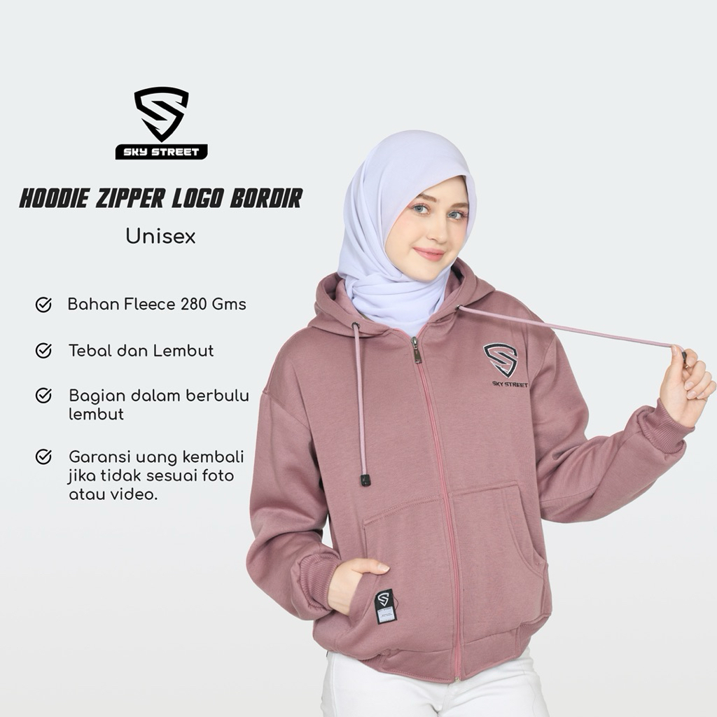 SKY STREET  Hoodie Sweater Zipper Jacket Resleting Logo Bordir 280 Gramasi Tebal Lembut unisex Pria 