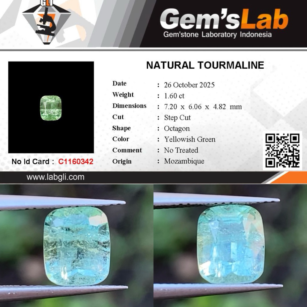 1,60 cts Natural Mint Green Tourmaline origin Mozambique No Treatment Memo GLI