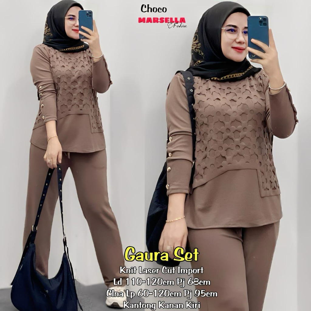 Gaura Set Knit Laser Cut Import – Setelan Wanita Hijab Friendly Tunik dan Celana Panjang