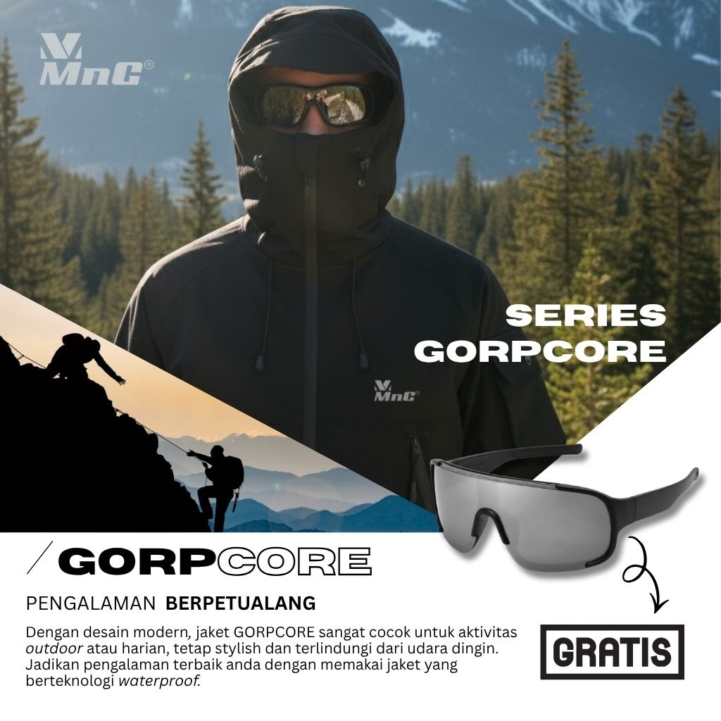 MnG Jaket Gorpcore Pria Wanita Waterproof Windproof Hiking Gunung Warna Hitam