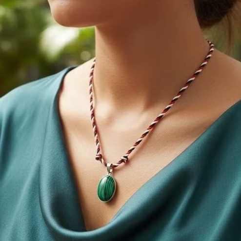 kalung tali tridatu batu akik malachite hijau