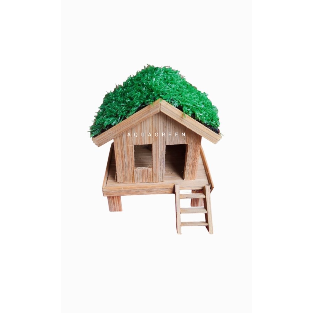 Miniatur rumah bambu daun sintetis hiasan aquarium dekorasi aquascape