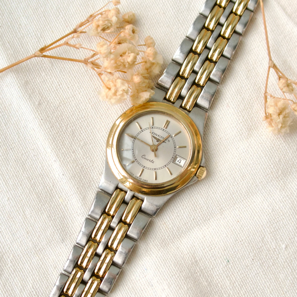 Jam Tangan Wanita Vintage Watch Longines Flagship Silver Round Dial Two Tone Chain Original Autentik