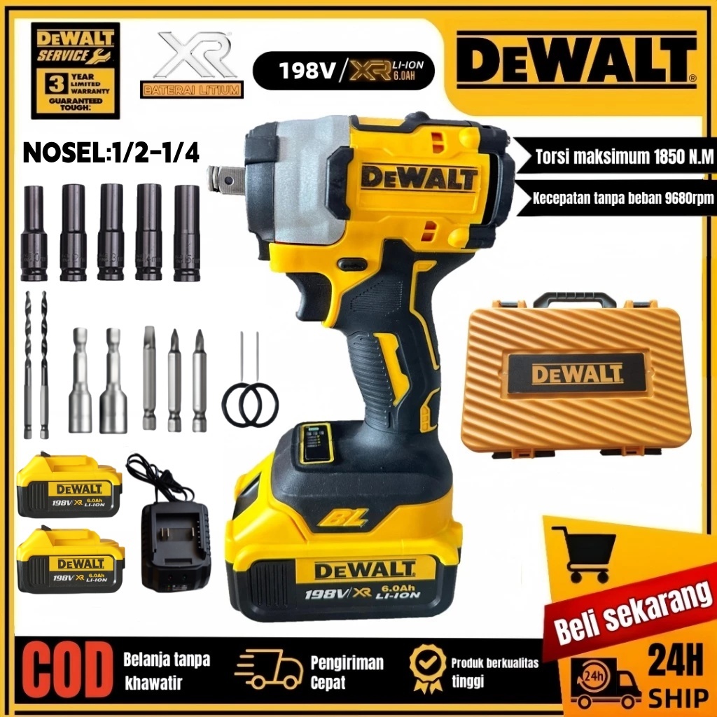 DEWALT Cordless Impact Wrench 198v Rechargeable Brushless Impact Wrench 2 Battery