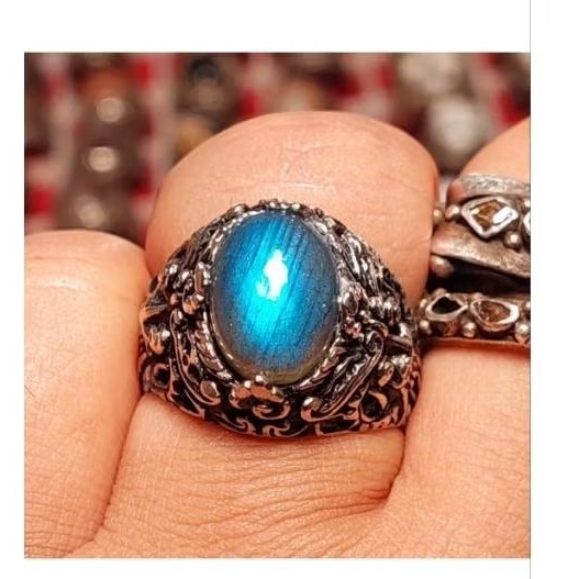 Cincin batu rainbow Labrador Kerlap kerlip biru