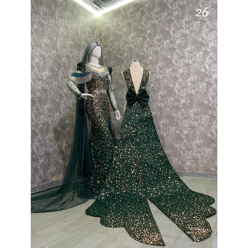 gaun pengantin slim hijau botol/dress pengantin hijau botol/gaun pengantin murah