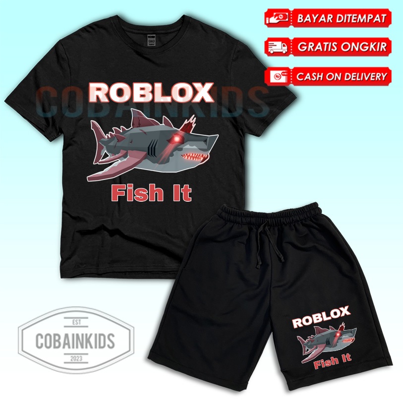 (BISA COD) Setelan Anak Kaos Celana Pendek Anak Karakter ROBLOX FISH IT Free Nama / Set Kaos Celana 
