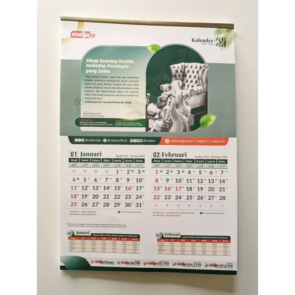 KALENDER RODJA  2026 | ALMENAK MASEHI 2026 | KALENDER RADIO TV RODJA 35 X 50 CM