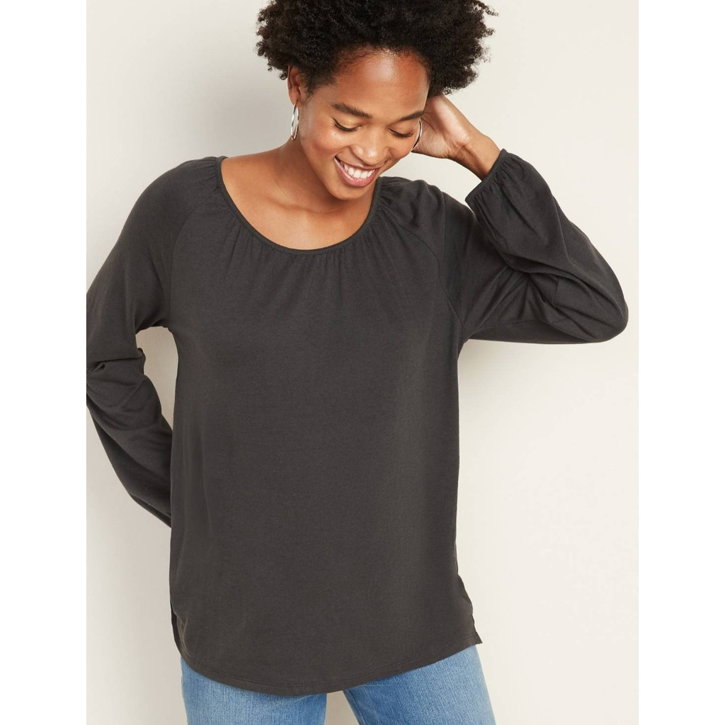 Pabrik branded QldN@vy long sleeve blouse S M hitam katun O neck relaxed fit lengan panjang kaos ata