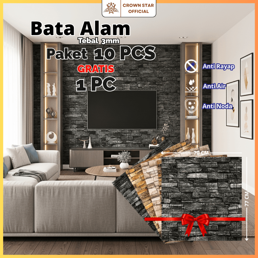 PAKET 10 GRATIS 1 PC  Wallpaper Foam Motif Batu Alam 70 x 77 cm Tebal 3 mm Wallfoam 3D Motif Bata  M