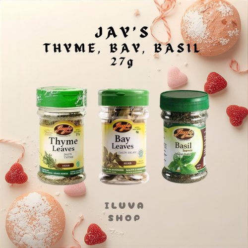 JAY'S THYME LEAVES, BAY LEAVES, BASIL LEAVES 27g