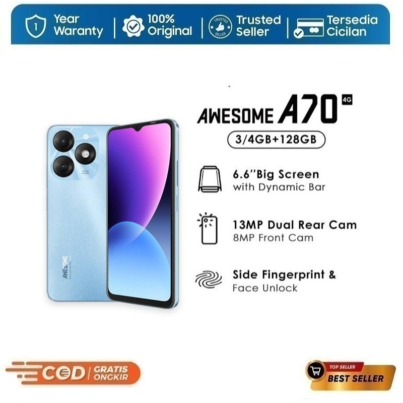ITEL A70 4G RAM 3GB/4GB+8GB/128GB GARANSI RESMI (ORIGINAL PRODUK)