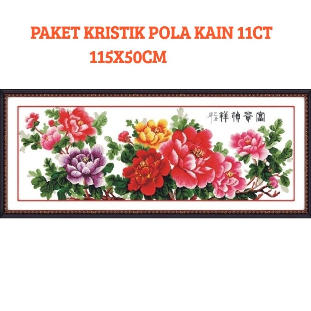 DIY PAKET KRISTIK BUNGA PEONI ORIENTAL POLA KAIN 11CT CROSS STITCH JUMBO