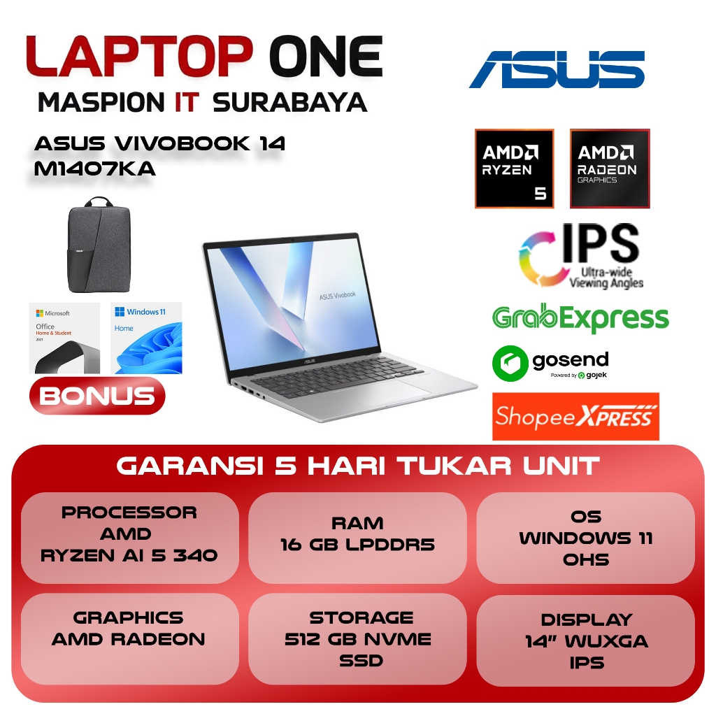 ASUS VIVOBOOK 14 M1407KA RYZEN AI 5 340 16GB 512GB W11+OHS+M365B 14.0WUXGA