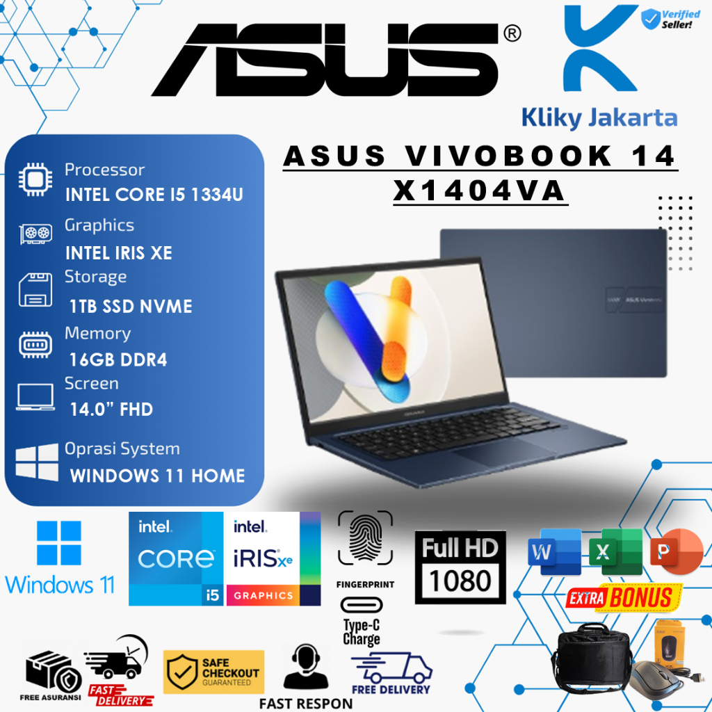 LAPTOP Baru Asus Vivobook X1404VA Intel Core i5 1334u 16GB 1TB SSD 14 INC FHD WINDOWS ORIGINAL