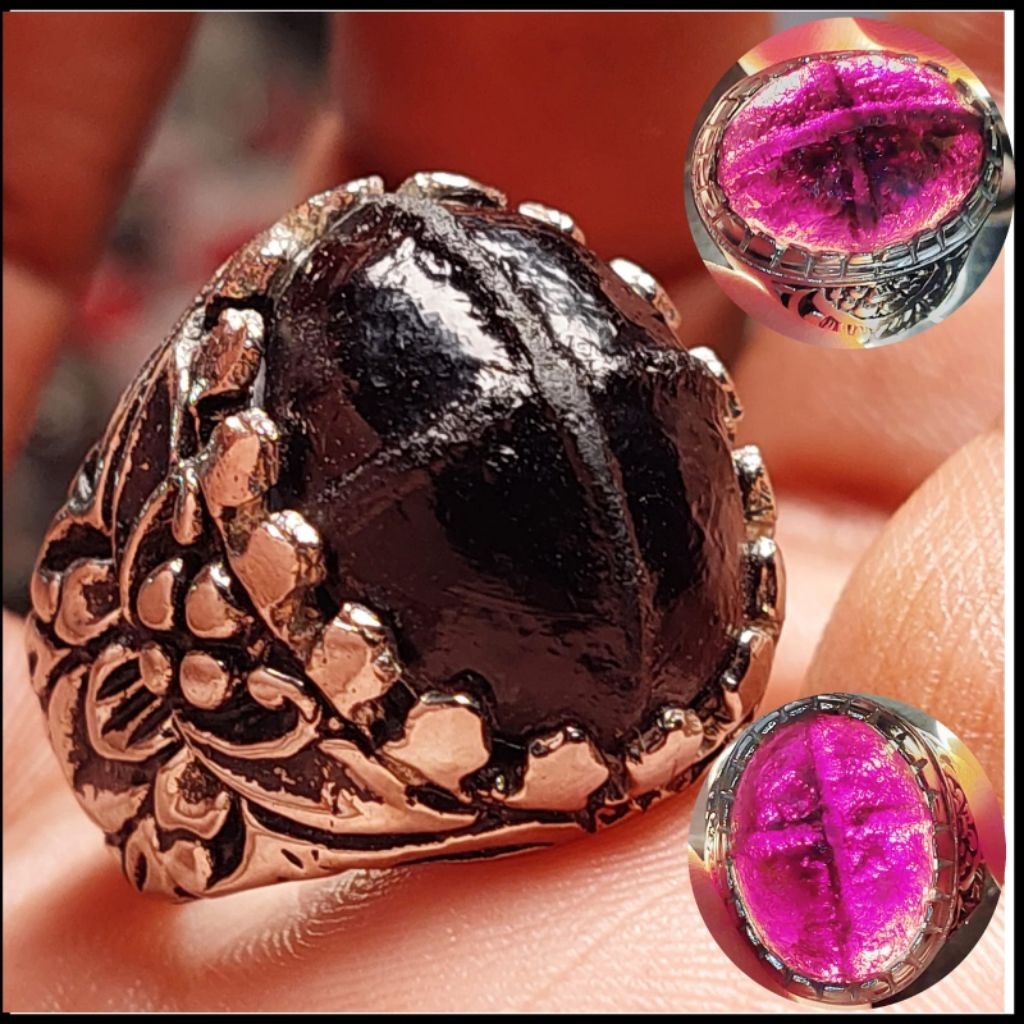 Cincin batu kecubung wulung motif tapak jalan tembus senter