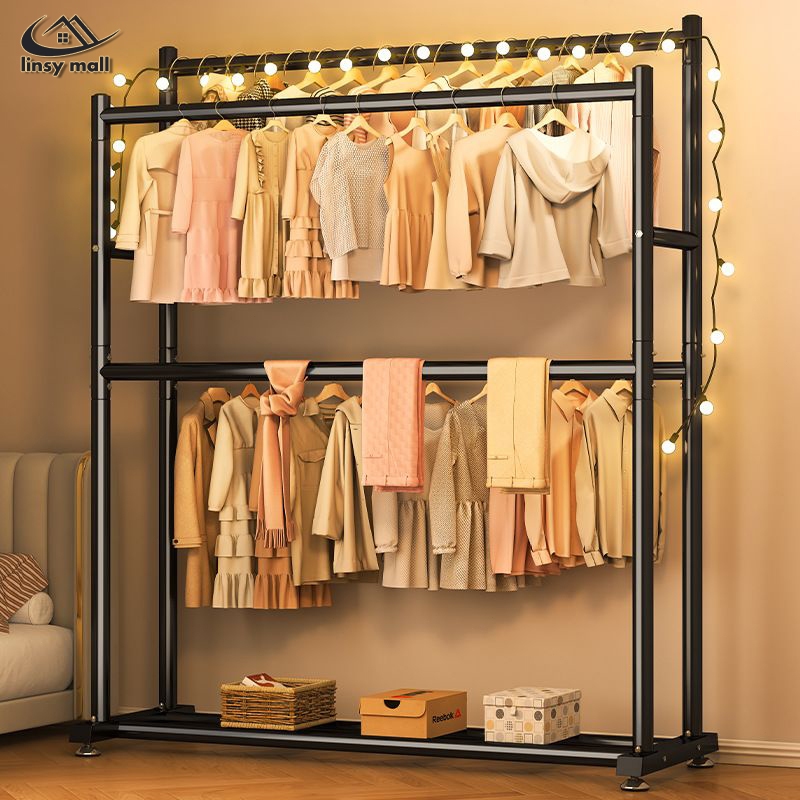 Rak Gantungan Baju Baja Karbon  2 Susun 2 tiang 1.5M Gantungan Baju Besi Kuat Stand Hanger portable