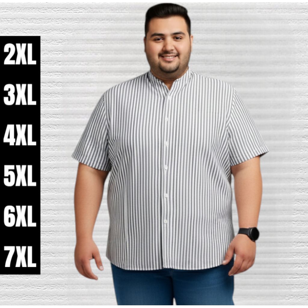 Kemeja Salur Pria Jumbo Lengan Pendek Big Size Motif Stripe Garis Garis Katun Premium