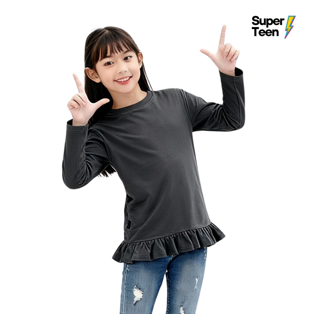 Kaos Anak Remaja Tanggung Ruffle Rampel Bawah Polos Umur Warna Hitam 9 - 15 Tahun Superteen