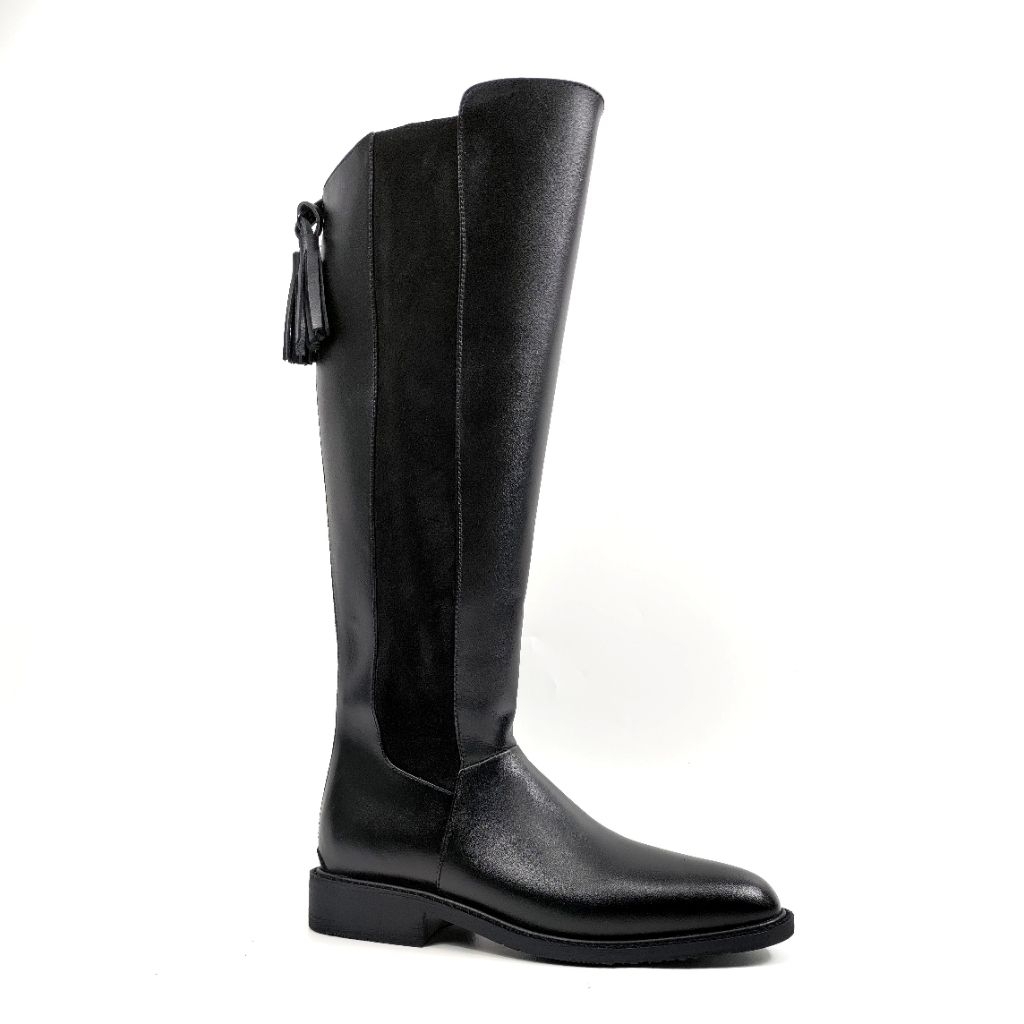 M&T - Knee High Boots Wanita Retro Straft grofs Black Leather