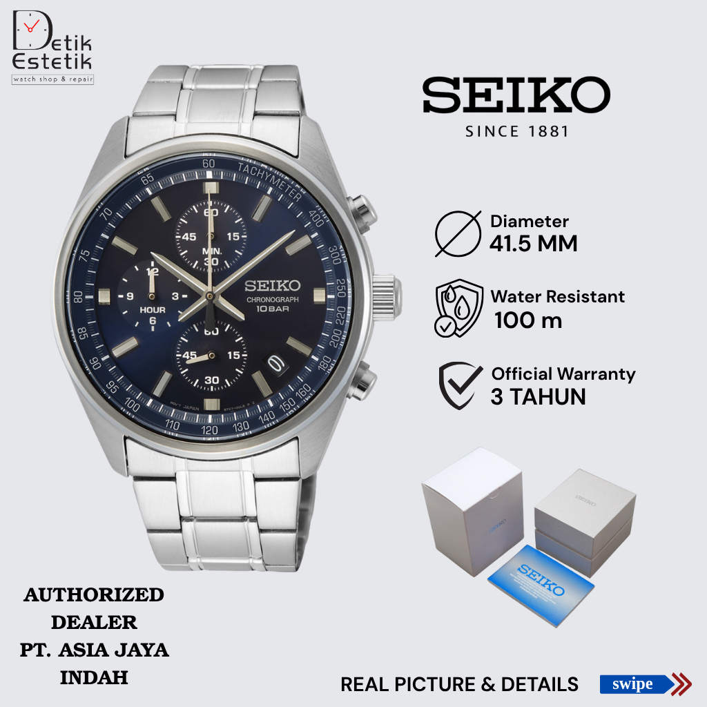 Jam Seiko SSB377P1 Chronograph Men Blue Dial Stainless Steel Strap