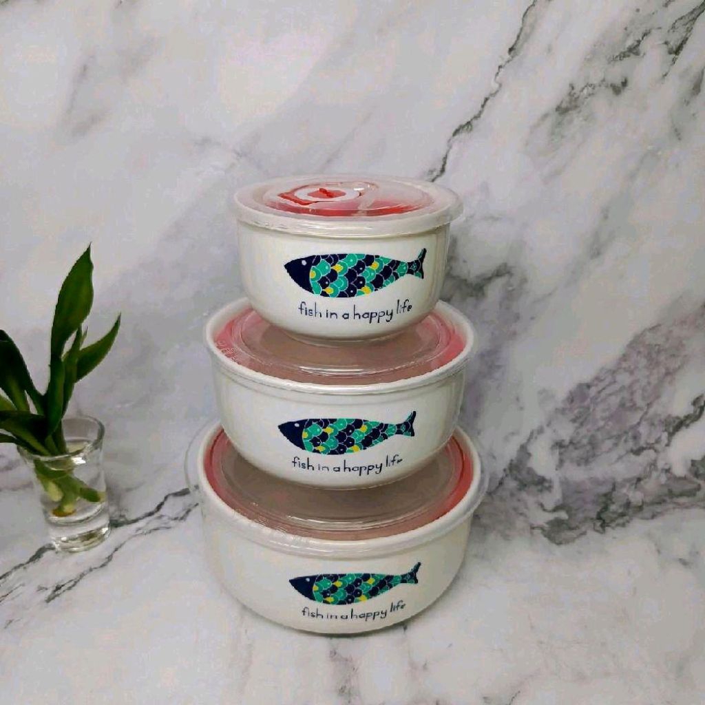 MANGKOK SET KERAMIK 1SET ISI 3PC, mangkok tutup keramik anti bocor 3 In 1 Mangkuk Hampers