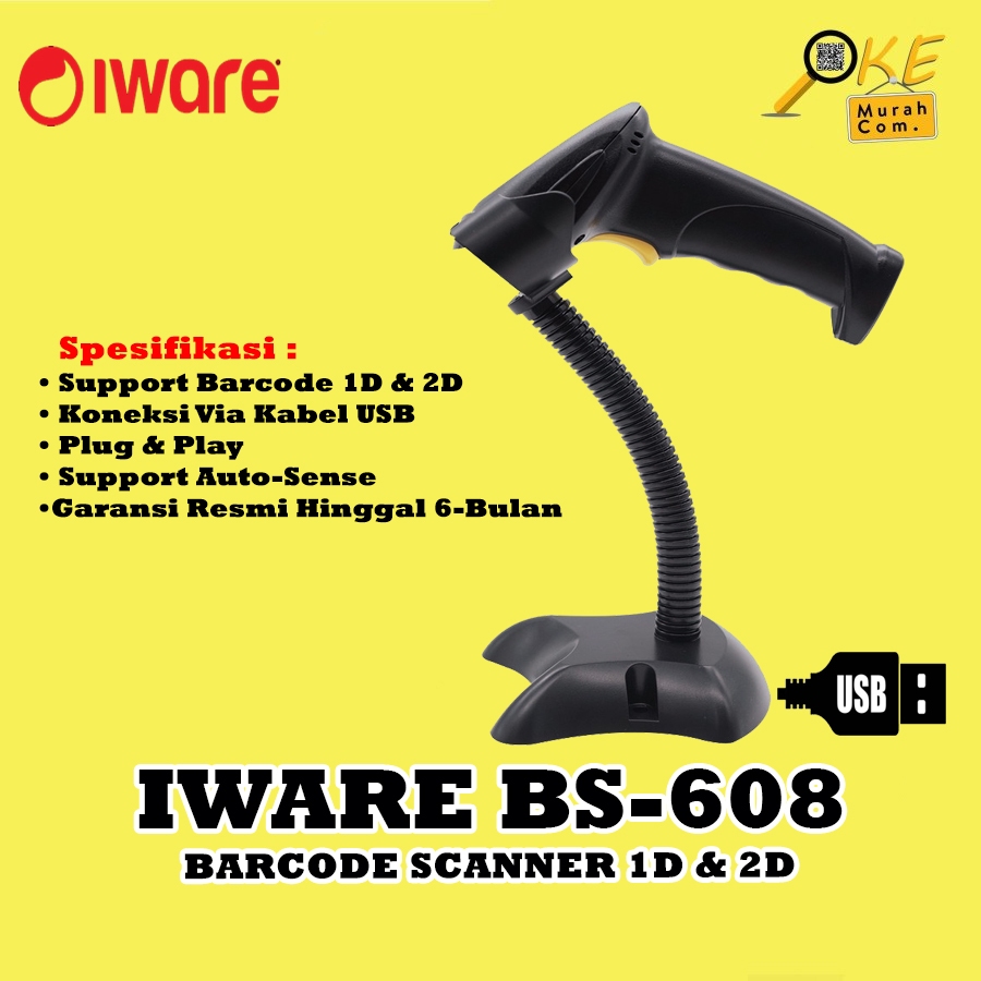 Barcode Scanner Iware BS-608 / BS608 2D  Wired USB Handheld Laser Auto Scan - Setara Kassen KS605