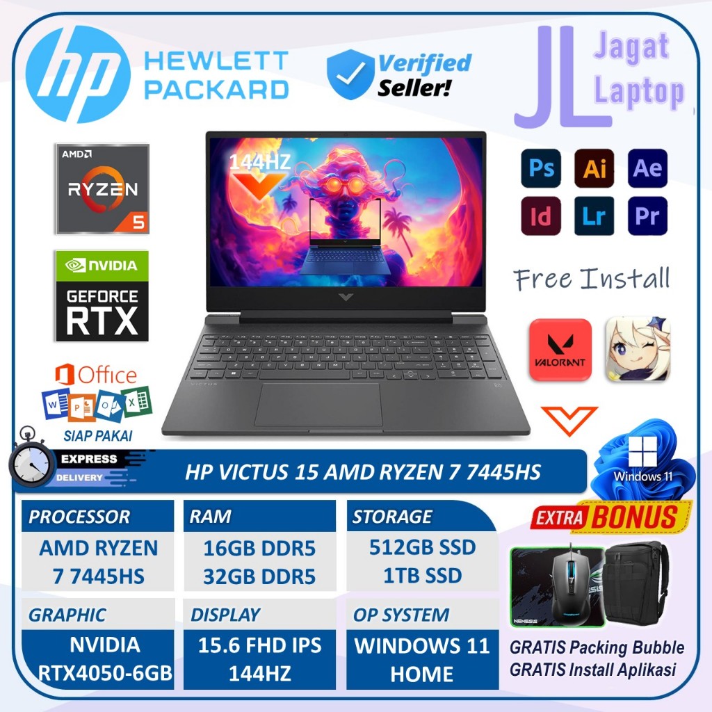 Laptop Gaming Hp Victus 15 AMD Ryzen 7 7445HS Nvidia RTX4050 Ram 32GB 1tb ssd 144Hz Windows 11