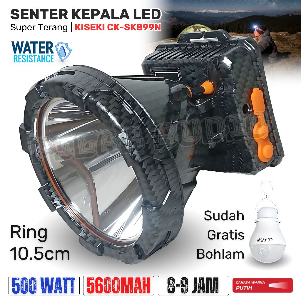 Senter kepala Jumbo 500W KISEKI CK-SK899N Gratis Bohlam Led | Headlamp outdoor Camping Cahaya Putih 
