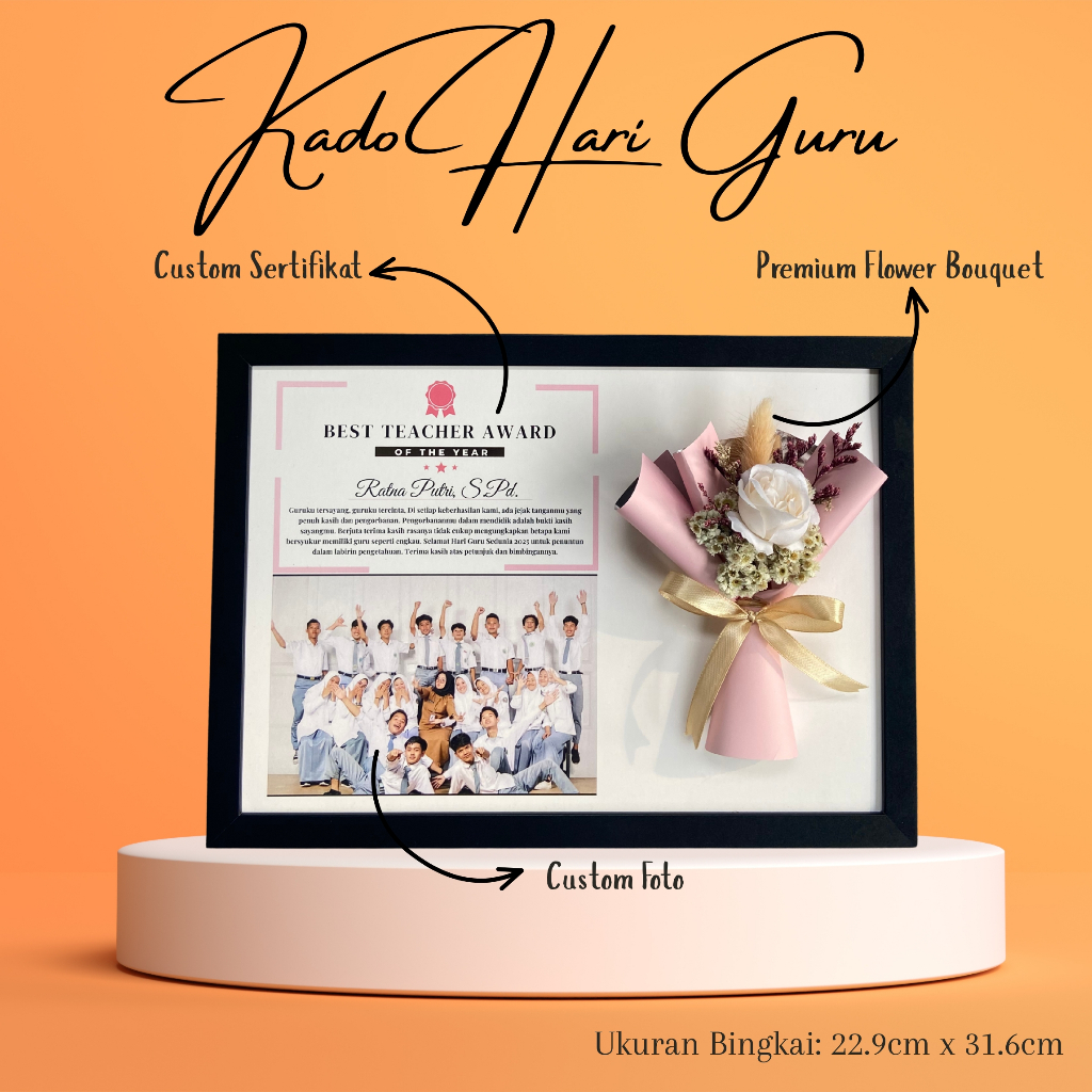 HADIAH KADO HARI GURU WISUDA ANNIV ULANG TAHUN FLOWER IN FRAME SERTIFIKAT DAN FOTO