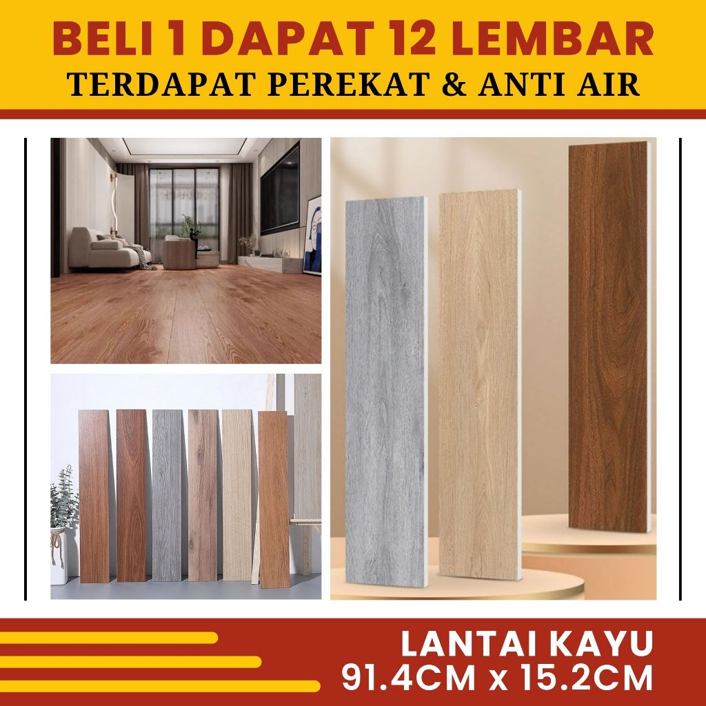 Wallsticker Dekorasi Lantai Ubin Motif Kayu Vinyl Lantai Kayu Premium Berkualitas Paket 12 Lembar