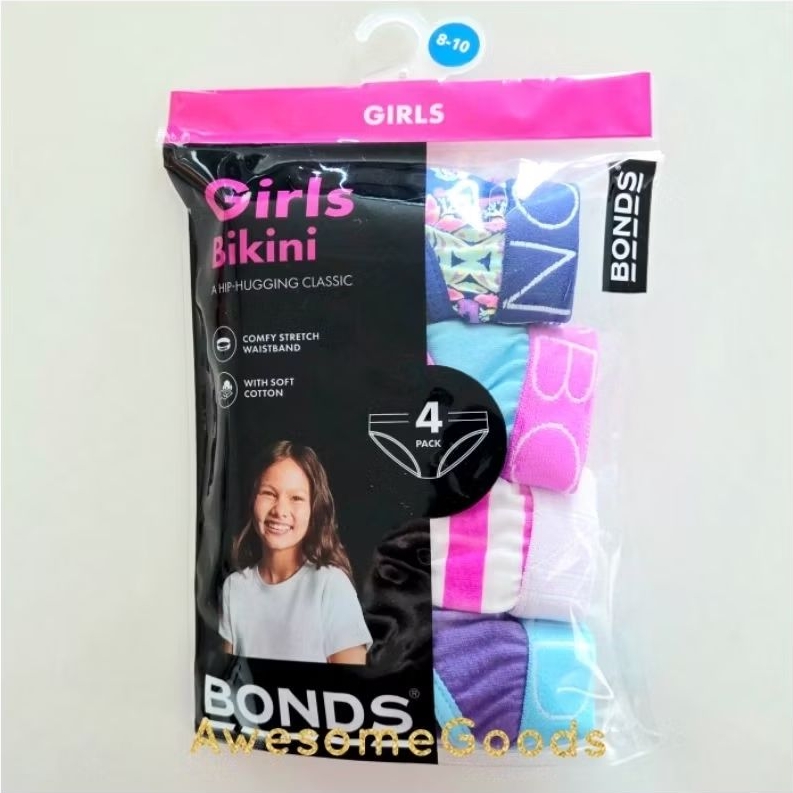 Bonds Girls Underwear Bikini Briefs Assorted 4 Pack Size 8-10